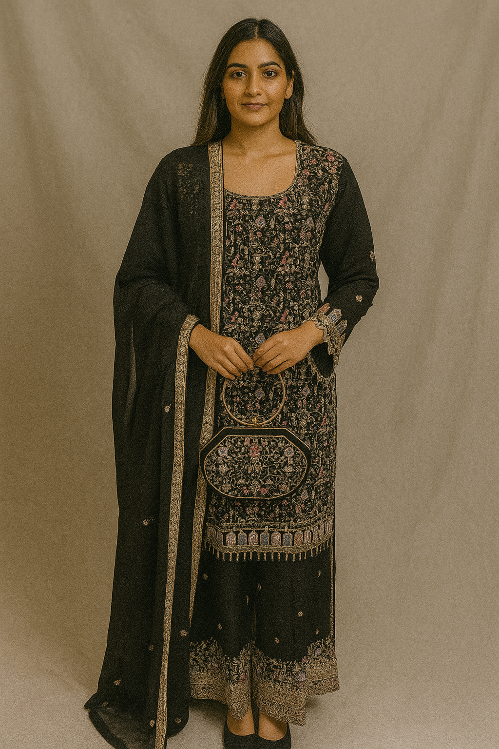 Black Embroidered Palazzo Suit Set with Golden Thread Work